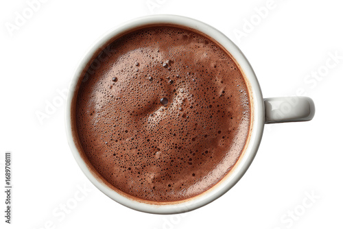 Overhead view of a steaming mug of hot chocolate.  Rich, frothy dark brown drink in a simple white cup