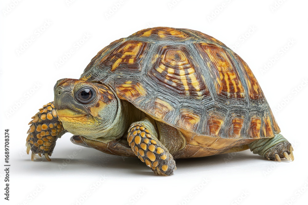 Fototapeta premium Colorful Turtle with Intricate Shell Patterns Crawling on Light Background