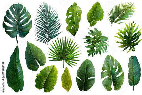 Diverse tropical leaves, vibrant greens