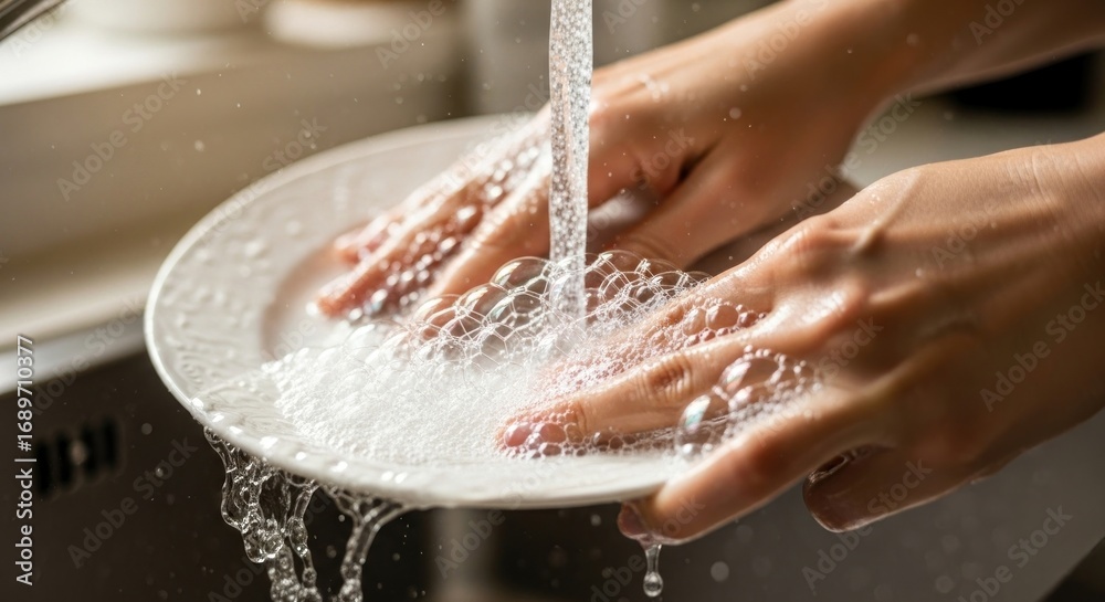 Fototapeta premium Washing a decorative plate under running water with soapy bubbles in a kitchen sink