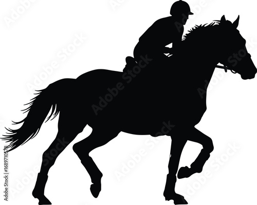 Silhouette of Jockey Riding Racehorse in Motion, Equestrian Sport Scene, Horseback Rider Illustration, Galloping Horse Vector, Black Horse Racing Art on White