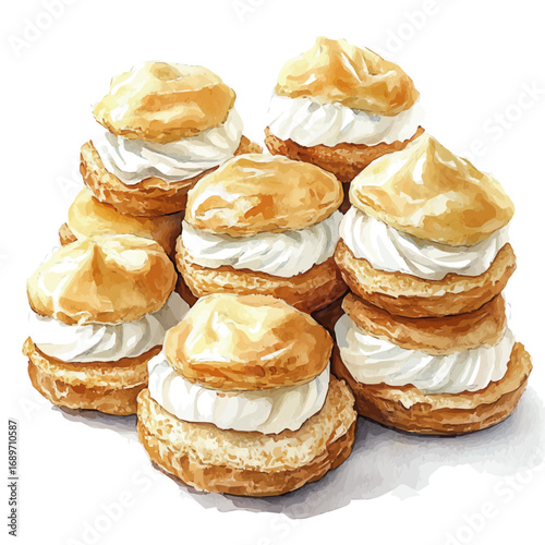 Profiteroles, watercolor painting vector, isolated on a white background.