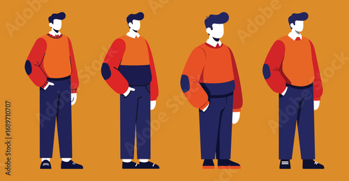 Modern Male Character Illustration Set – Standing Man, Casual Outfit, Flat Design, People Vector Clipart