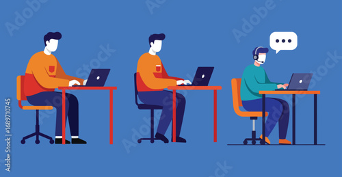 Office Worker at Desk Illustration Set – Laptop, Headphones, Working, Modern People, Flat Design Vector Clipart