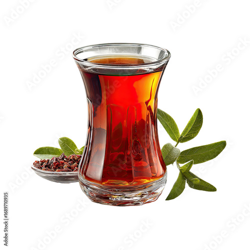 A glass Turkish tea cup filled with dark amber tea, garnished with leaves and seeds
