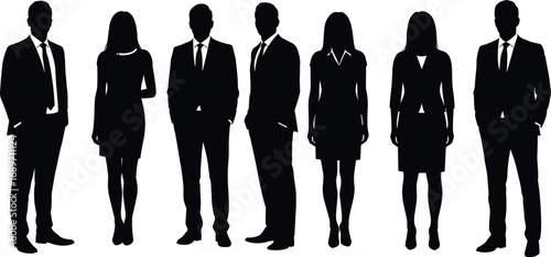 Silhouettes of business professionals, men and women standing together, front view group in corporate attire, black figures isolated on white background, vector illustration