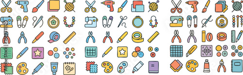 Colorful Craft and DIY Supplies Icon Set.