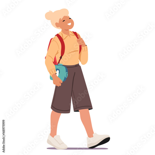 Teenage schoolgirl cartoon character walking carrying backpack and lunchbox with breakfast