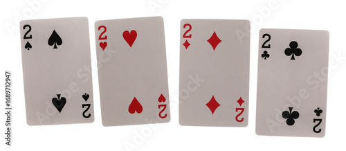 Flying playing cards for poker and gambling, set four deuces isolated on white, clipping path