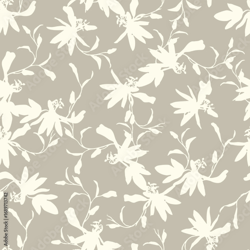 Vector floral seamless pattern with silhouettes of exotic flower branches. Fashionable wallpaper with flowers on a beige background. Ideal for textiles, packaging, etc.