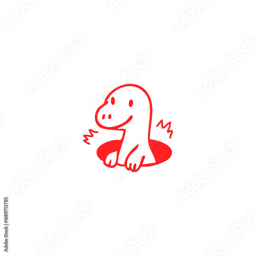 Red outline drawing of a small dinosaur in a hole