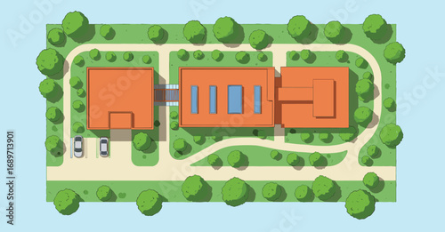 Top view modern house, architecture layout, red roof villa, aerial property illustration, landscape plan, driveway, trees, swimming pool, luxury estate, real estate drawing