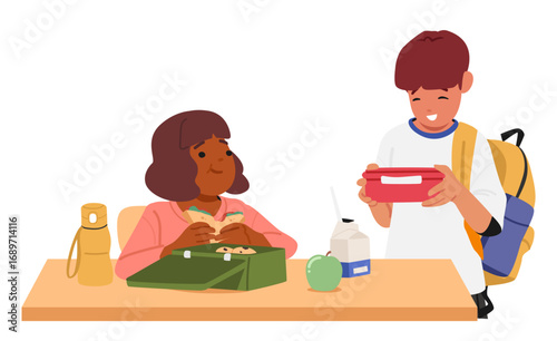 Schoolboy and schoolgirl canteen cartoon characters eating breakfast at school canteen table