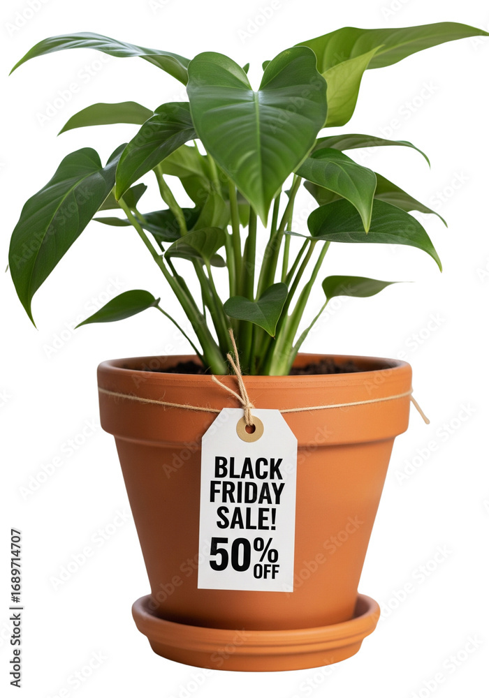 Obraz premium hHouseplant pot with a Black Friday discount tag tied to it