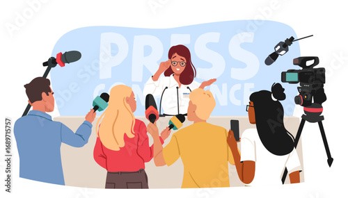 Woman public speaker, minister politician or business presenter giving interview to auditorium