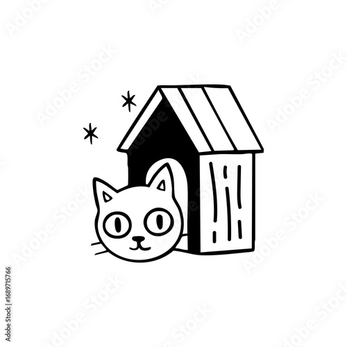Cute cartoon cat in a simple black and white doghouse
