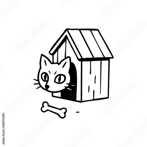 Black and white illustration of a cat's head peeking out of a small dog house with a bone