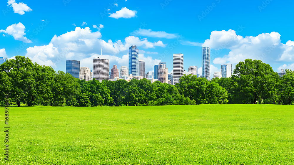 Fototapeta premium Urban Skyline Behind Lush Green Park