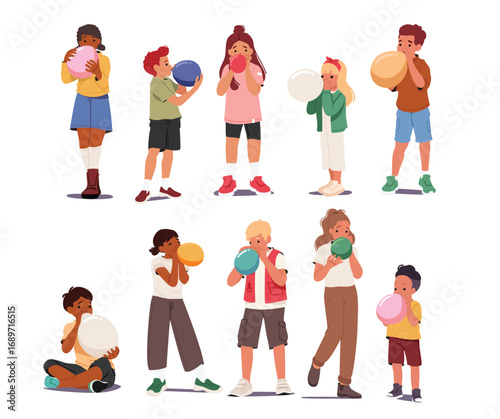 Children cartoon characters of different age blowing balloons for party or birthday isolated set