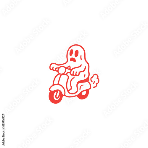 A red-outlined cartoon ghost figure is riding a scooter