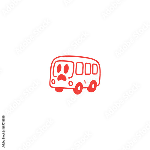 Simple red outline of a cartoon bus with sad eyes