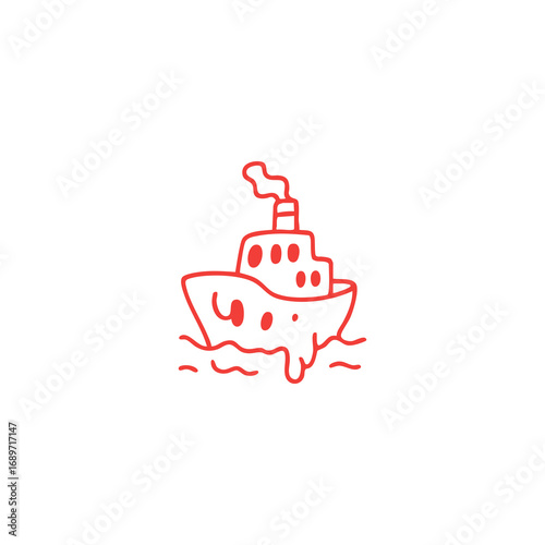 Simple red line drawing of a sinking ship on water