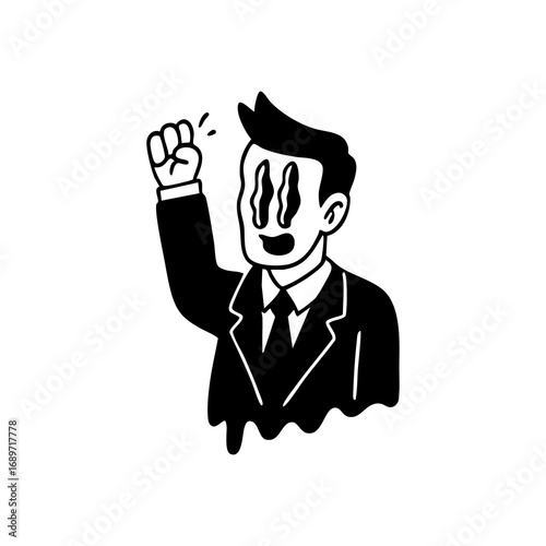 Black and white illustration of a man in a suit with an exaggerated, multi-layered face, raising a fist