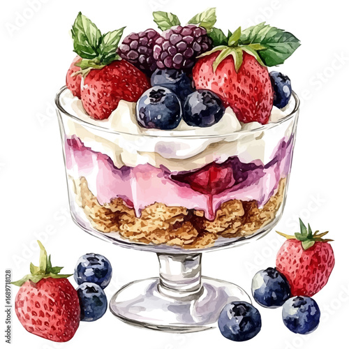 Parfait, watercolor painting vector, isolated on a white background.