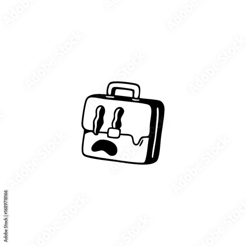 A black and white cartoon briefcase with a sad face
