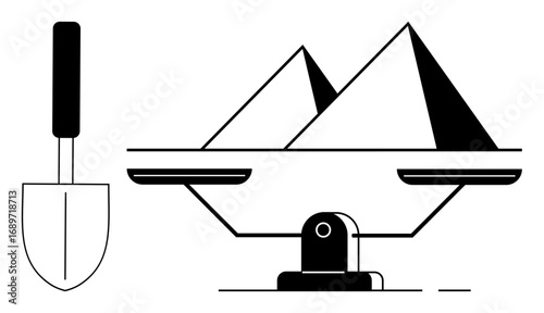 Balance scale holding pyramids and a trowel symbolize archaeology, history, heritage, cultural preservation, research innovations, exploration, and ancient civilizations. Ideal for simple flat