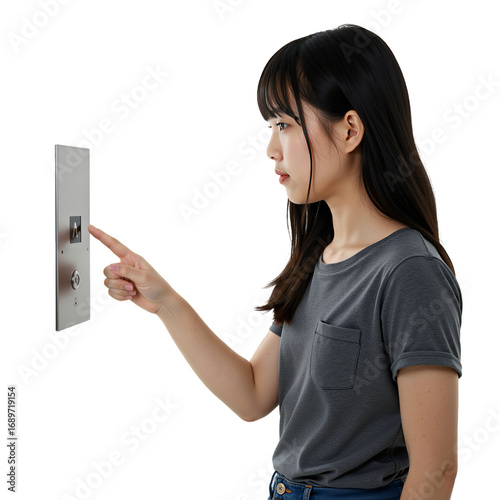 Professional photo: girl interacting with elevator button, transparent background, no shadows