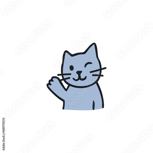 Cute light-blue cartoon cat winking and waving