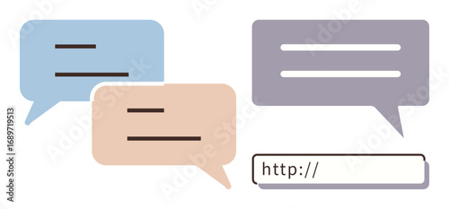 Speech bubbles of various colors with text lines beside a URL bar evoke digital chat, networking, and online communities. Ideal for communication, messages, web development, technology, internet