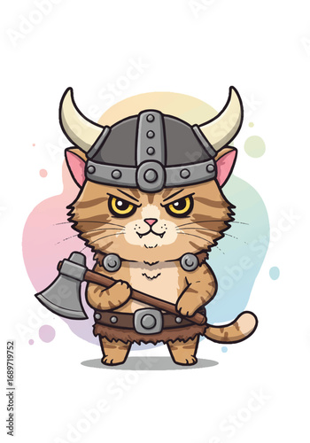 A fierce and cute chibi Viking cat with oversized horned helmet, tiny axe, angry adorable expression, and fluffy fur, is a kawaii vector illustration on pastel color splash.