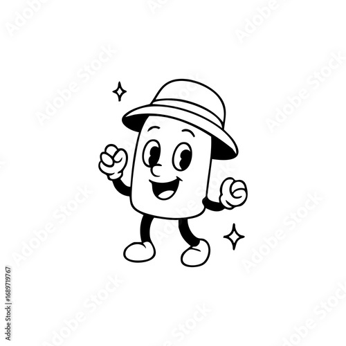 Black and white cartoon illustration of a happy ice cream bar character wearing a hat, with arms raised in a joyful pose