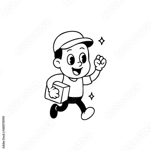 Black and white illustration of a cheerful cartoon delivery person running with a package