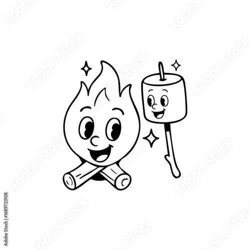 Cartoon campfire with a happy marshmallow