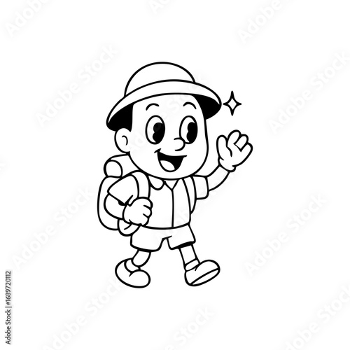 Black and white cartoon drawing of a happy child wearing a hat and backpack, waving