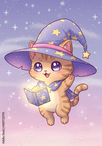 A cute chibi wizard cat, wearing an oversized magic hat with stars, holds a glowing spellbook in its paw against a soft pastel night sky, rendered as a charming kawaii vector illustration.