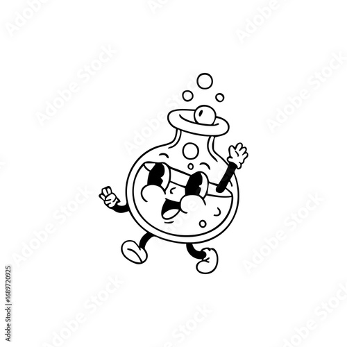A cartoon flask character with large eyes, a wide mouth, and a raised arm, is shown in a playful, whimsical style.  It's outlined in black, and bubbles are rising above its head