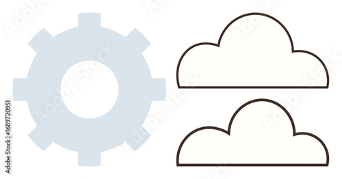 Gear alongside two cloud outlines emphasizes technological connection, development, and automation. Ideal for technology, cloud computing, innovation, industry, data processing, networking simple