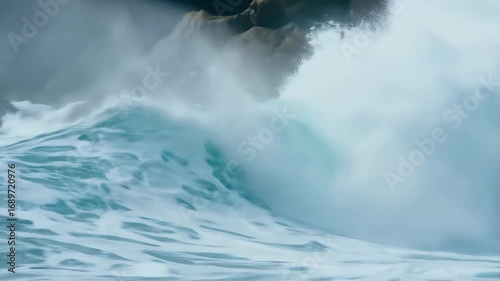 Crashing waves against rocks powerful ocean surge