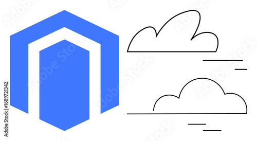 Blue hexagonal shape alongside simple cloud illustrations with fine line strokes. Ideal for modern design, branding, technology, minimalism, clean aesthetics, innovation, simple landing page