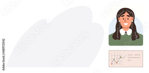 Smiling woman portrait beside a financial or data chart with growth trend. Ideal for business, education, financial analysis, teamwork, communication, career development, information sharing. Clean