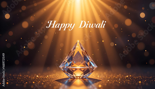 Happy Diwali 2026 Crystal Prism Greeting Card Design Golden Light Beams with Sparkling Particles on Dark Background