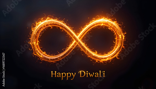Happy Diwali 2026 Infinity Flame Greeting Card Design Fiery Symbol with Golden Typography on Dark Background Striking Festival Poster for Holiday Messages and Invitations