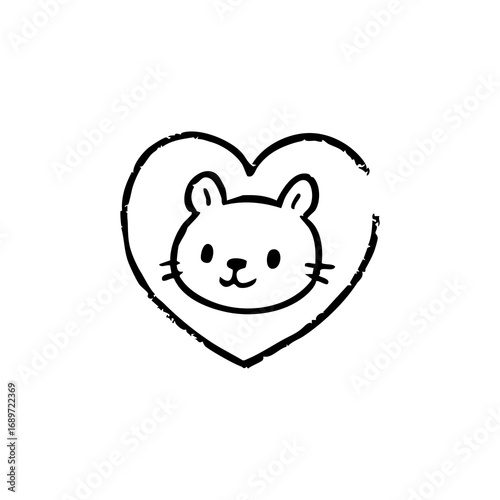 Simple black line drawing of a cartoon cat's head inside a heart shape with textured edges