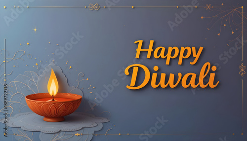 Happy Diwali 2026 Clay Diya Greeting Card Design Traditional Oil Lamp with Floral Surface and Blue Ornamental Background Festive Holiday Poster for Celebration, Invitations, and Social Media