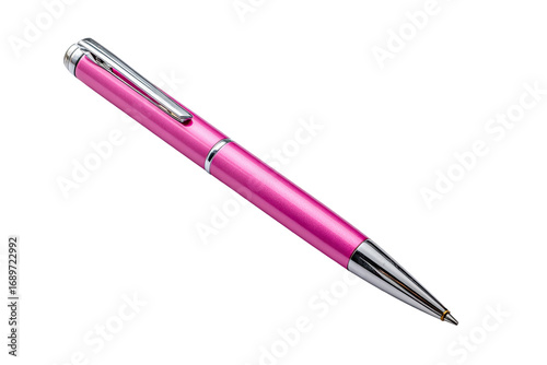 Close-up of a sleek, vibrant pink ballpoint pen.  A metallic,  pink pen, angled,  isolated against black