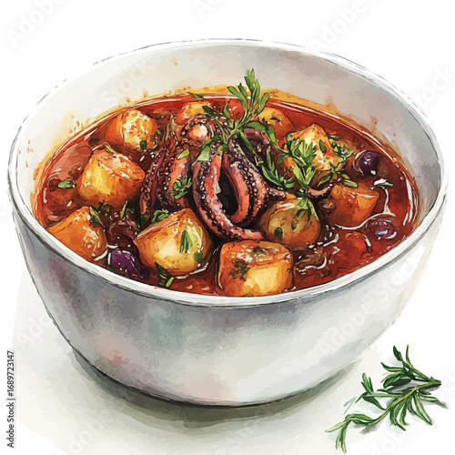 Octopus Stew, watercolor clipart vector, isolated on a white background.